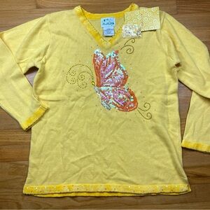 Quacker Factory Womens Large Yellow Sequin Butterfly Sweater Pullover V-Neck QVC